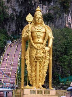 Standing at 42.7 m (140 ft) high, the world's tallest statue of Murugan or Kartikeya, is located outside Batu Caves, near the city of Kuala Lumpur, Malaysia.